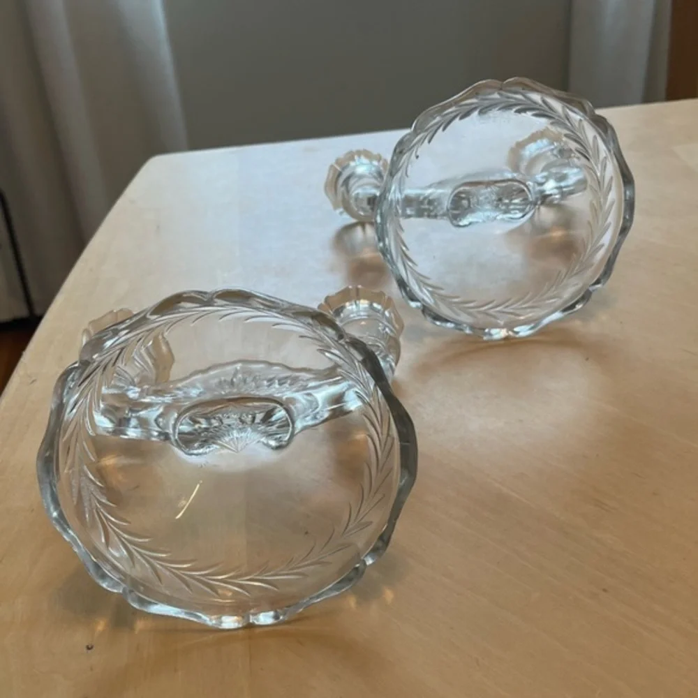 Vintage Clear Jeanette Glass Double Candlestick Sunburst Herringbone Set of Two